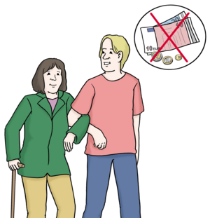 Mann führt Frau am Gehstock und Blase mit durchgestrichenen Geldscheinen und Münzen