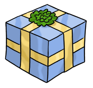 Geschenk verpackt mit blauem Papier und goldenen Band