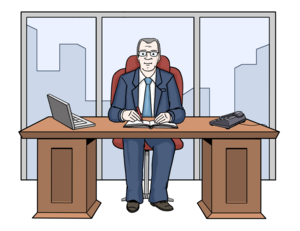 Chef sitzt im Büro an seinem Schreibtisch